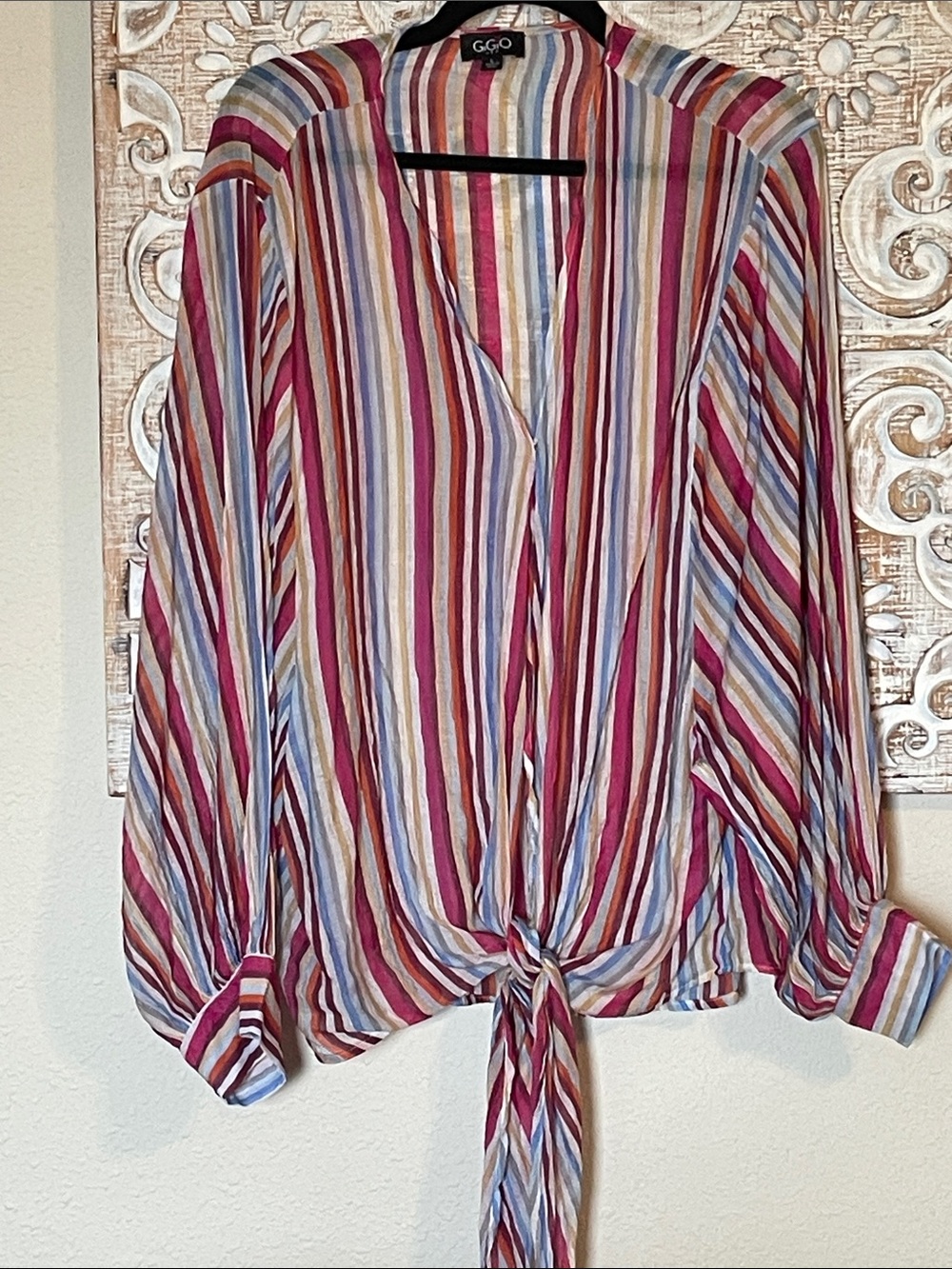 GGO Multicolor Striped Tie-Front Blouse in Pink & Blue